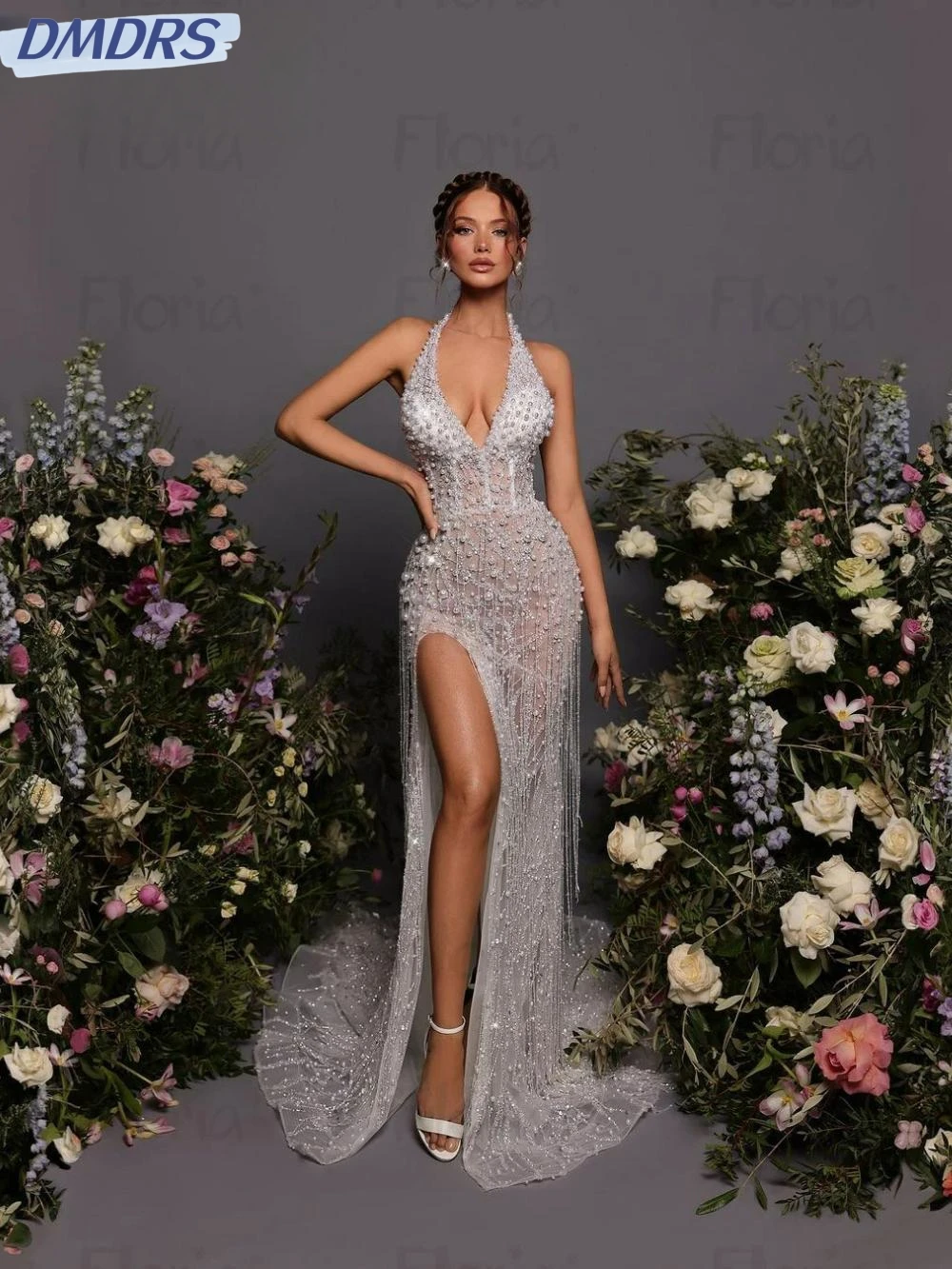 

Sexy Halter Sleeveless Prom Gown Sequined Pearls Tassel Evening Dress Luxury Mermaid Long Cocktail Dresses Robe De Mariée