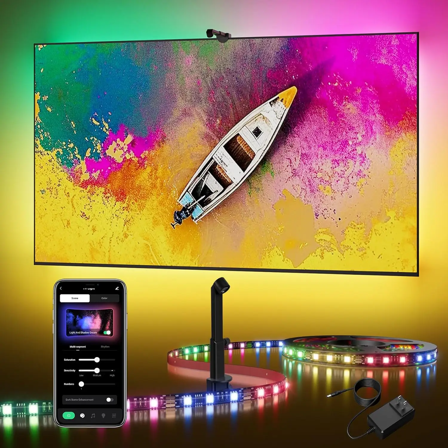 

TV Backlight LED 15ft Sync to Screen for 55-75" RGB Strip Cuttable Smart App Control Game & Music Sync
