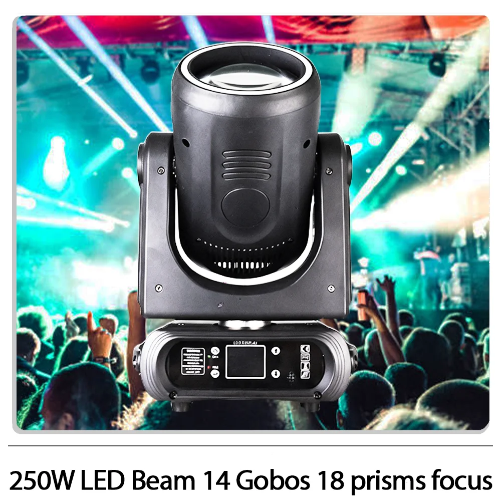 

250W LED Beam Moving head Light With Ring Focus effect LCD Display 14 Gobos 18 prisms DMX512 for DJ Disco Party Wedding bar club