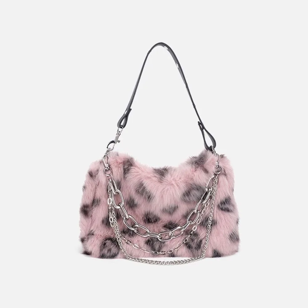 Women Faux Fur Winter Fashion Shoulder Bag Leopard Print Clutch Purses Fluffy Plush Female Handbags with Chain Strap