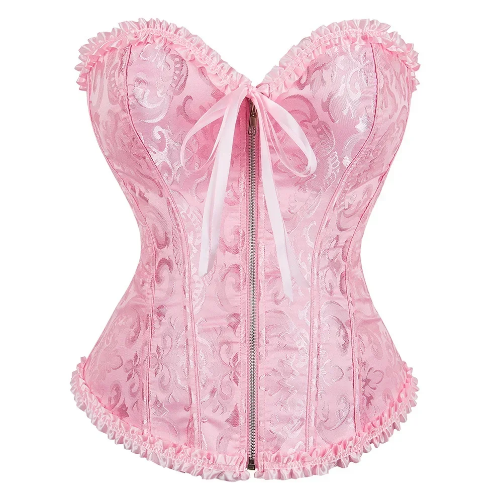 Pink Corset Top Bustier Zipper Sexy Women\'s Plus Size Overbust Corselet Lace up Floral Gothic Brocade Vintage Fashion Medieval