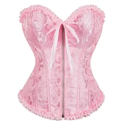 Pink Corset Top Bustier Zipper Sexy Women's Plus Size Overbust Corselet Lace up Floral Gothic Brocade Vintage Fashion Medieval