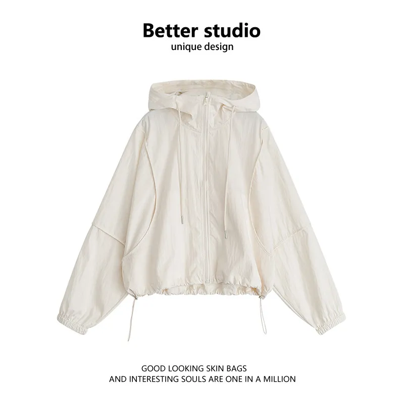Women's Short Hooded UV Protection Clothing Summer Sporty Nylon Jacket Casual Anti-Uv Outerwear Trendy Commute Style