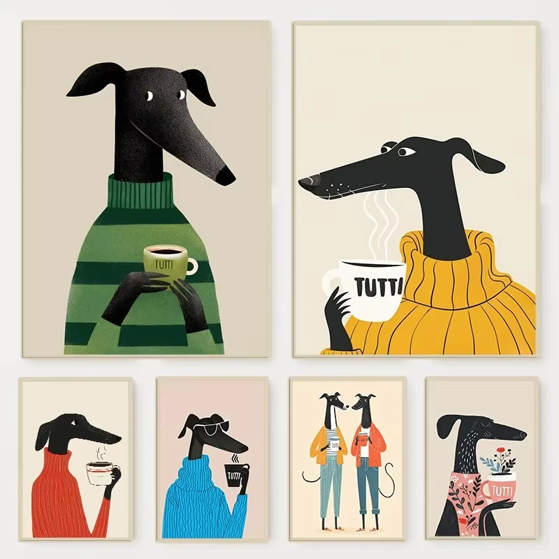 Winter-Themed Poster Print: Hound Wearing a Sweater and Drinking Coffee Modern and Colorful Pet Dog Canvas Home Decor