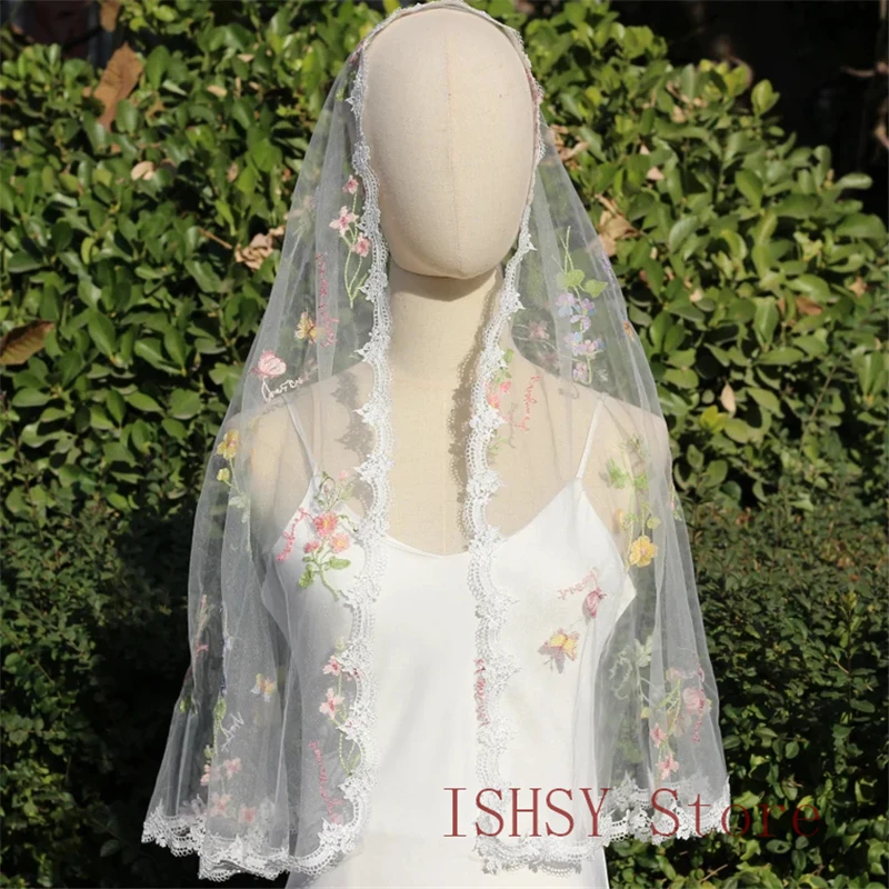 Colorful Embroidered Tulle Mantilla Mass Veils Women Head Covering Chapel Church Catholic Christian Spanish Green Pink Purple
