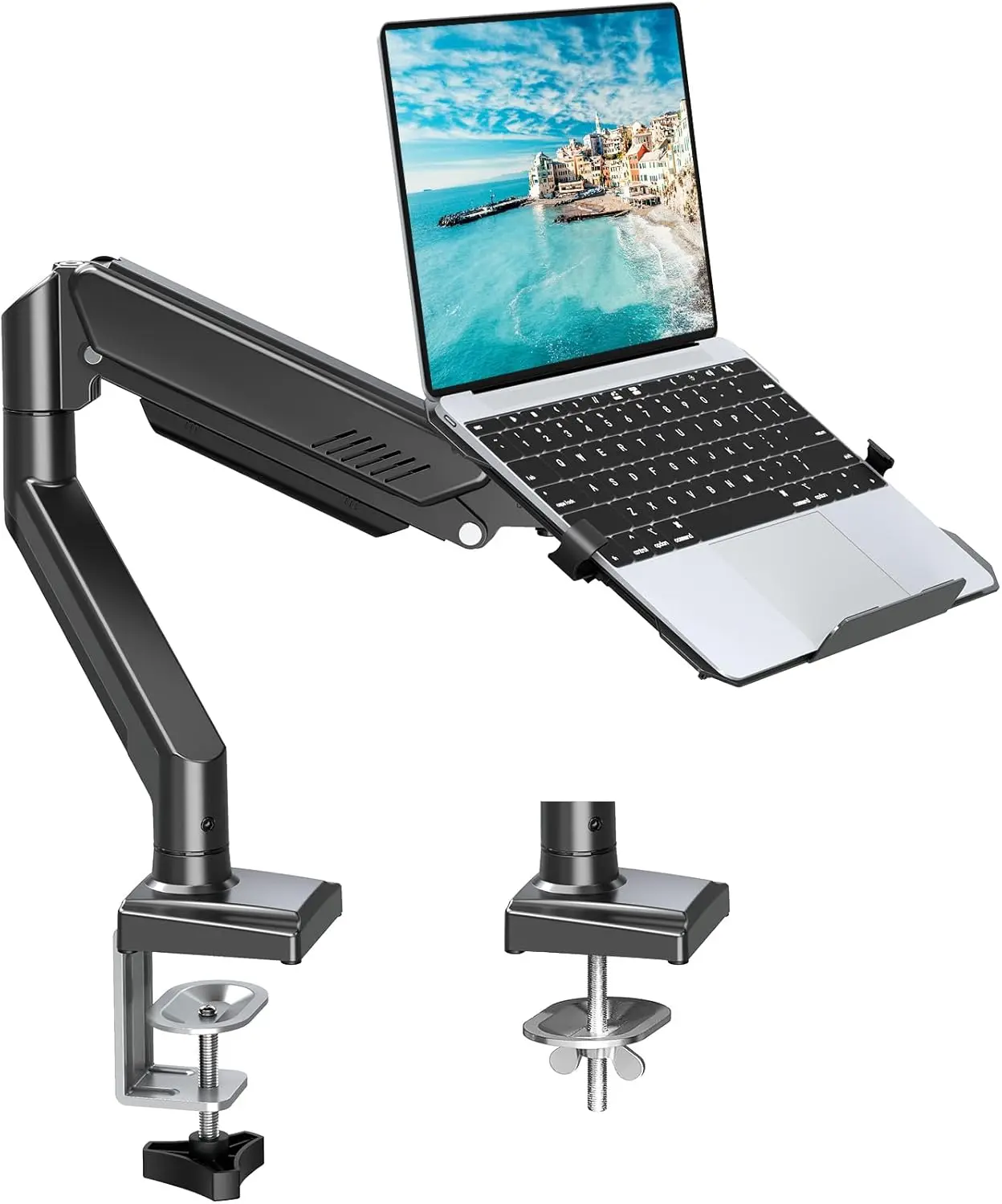 

2-in-1 Adjustable Laptop Stand & Monitor Mount, Holds 17" Notebook & 32" Screen, Clamp/Grommet Base for Desk