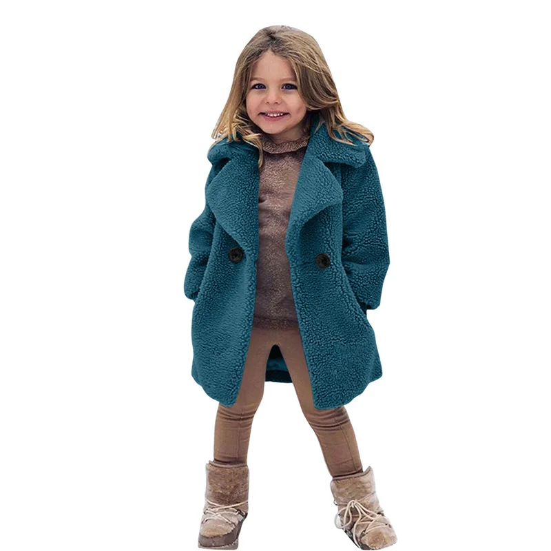 Girls Winter Warm Jackets Faux Fur Coats Kids Turndown Collar Outerwear Children Solid Colour Overcoat Casual Outer Clothing