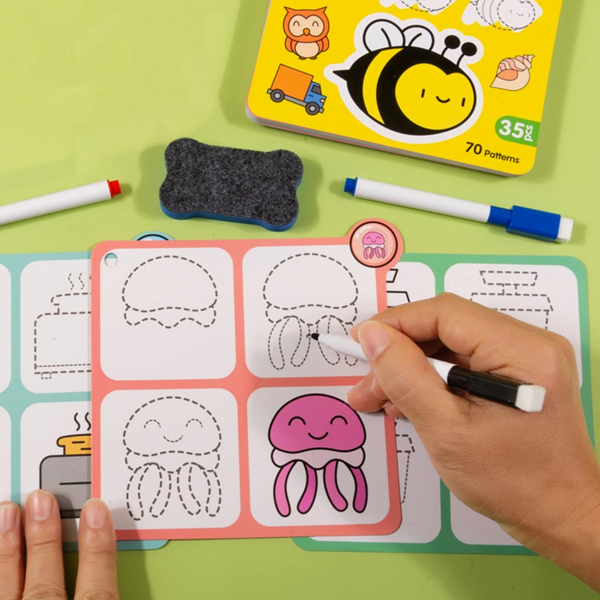 70-Pattern Step-By-Step Simple Drawing Cards Book, Reusable Doodle Set, Cartoon Educational Line Drawing for Beginners, Kindergarten Art Activity Teaching Aids, Drawing Skills and Pen Control Training