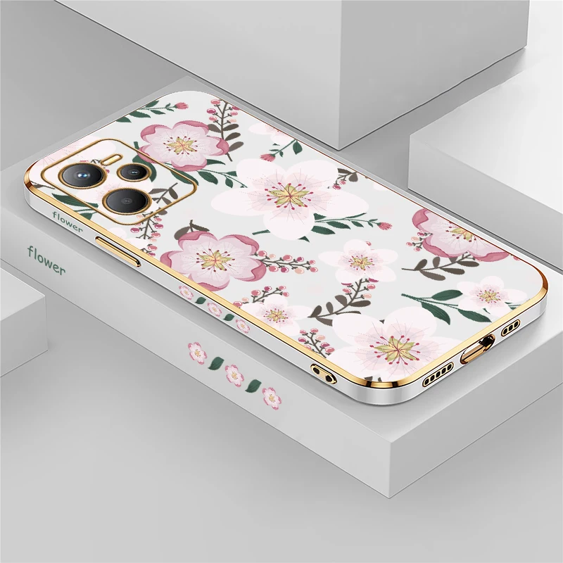 Plating TPU Phone Case For OPPO Realme C53 C35 C33 C30 C65 4G C25S C20A C17 C15 C63 C55 Flowers Pattern Silicone Soft Cover