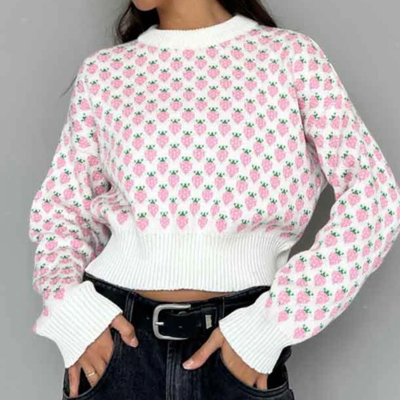Maglione pullover girocollo 2025 Autunno/inverno Nuovo maglione jacquard fragola Maglione corto a maniche lunghe per donna