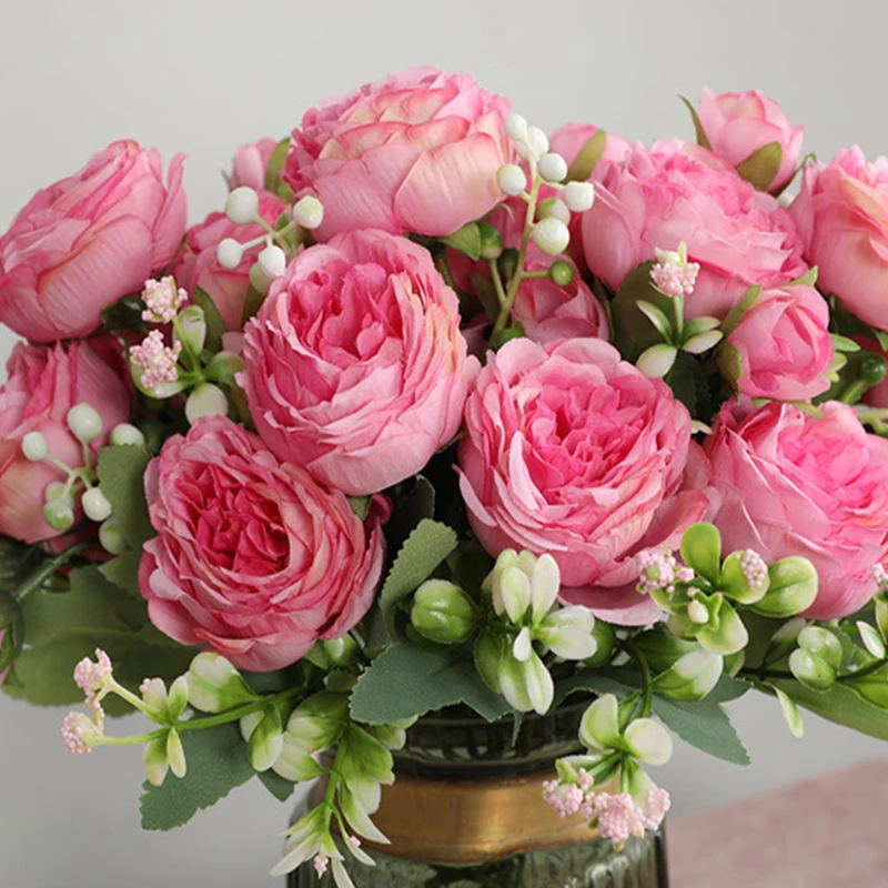 Hot Selling 1pcs/30cm Rose Pink Silk Bouquet Peony Artificial Flower 5 Big Head 4 Small Bud Bride Wedding Home Decoration