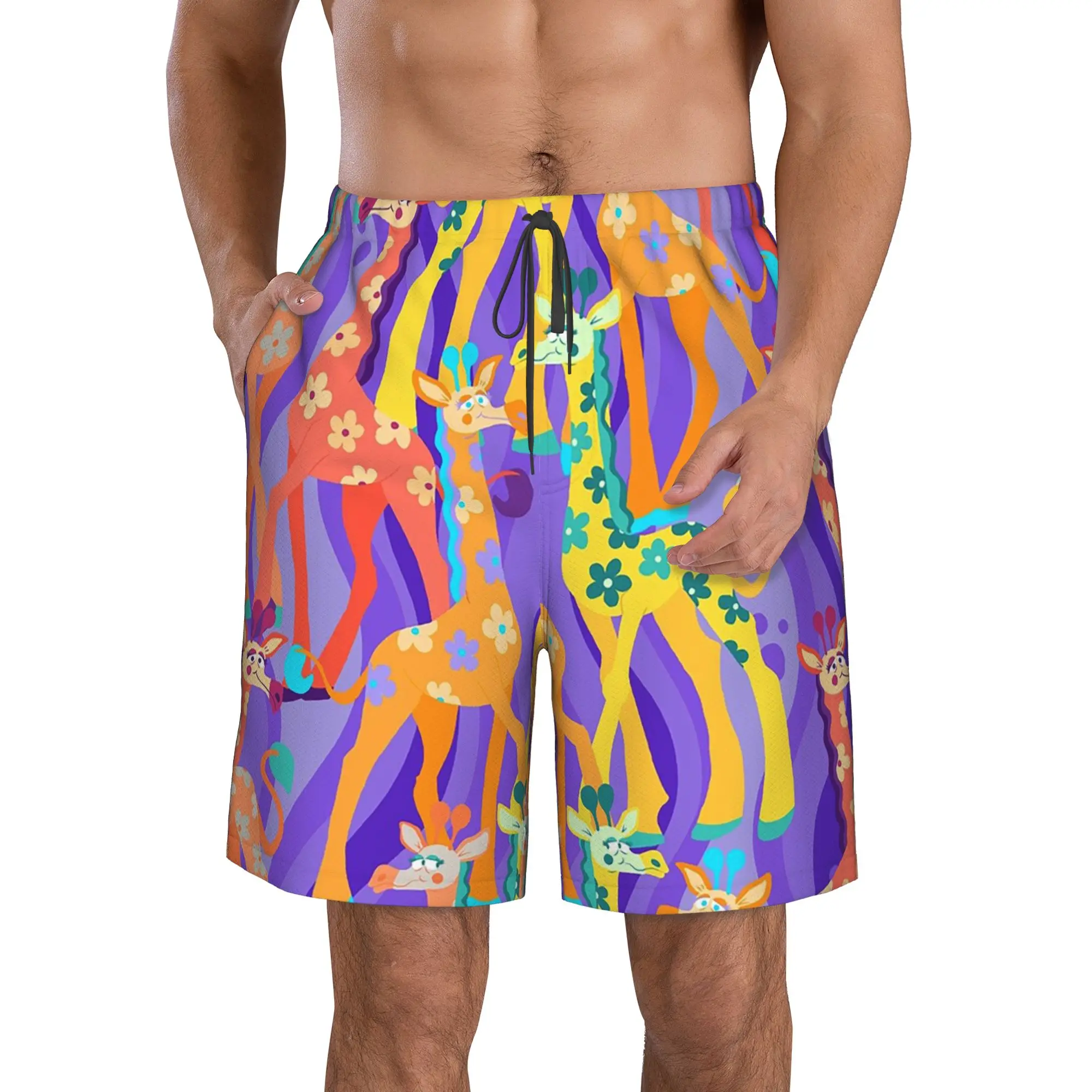Cartoon Colorful Giraffe Pattern Trunks Beach Board Shorts Casual Quick Dry Swim Summer Men Pants