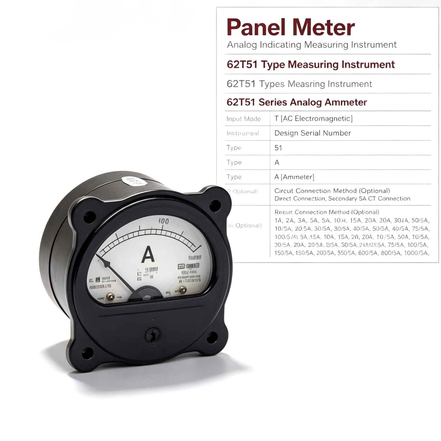 62t51 Series Analog Ammeter Ac Electromagnetic 1A-50A Direct / 10/5A-1000/5A Ct Panel Current Meter Switchgear Distributionpanel