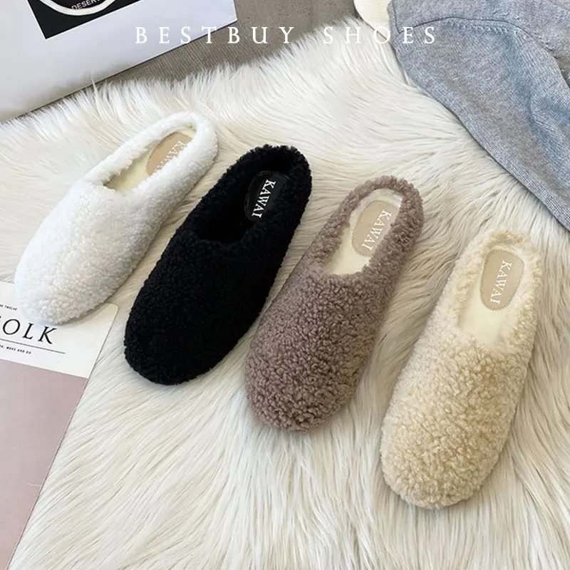 

2025 New Wool Slippers Women Curly Sheep Fur Flat Shoes Warm Cozy Slip On Pantuflas House Slides Femme Cotton Lambswool Mules