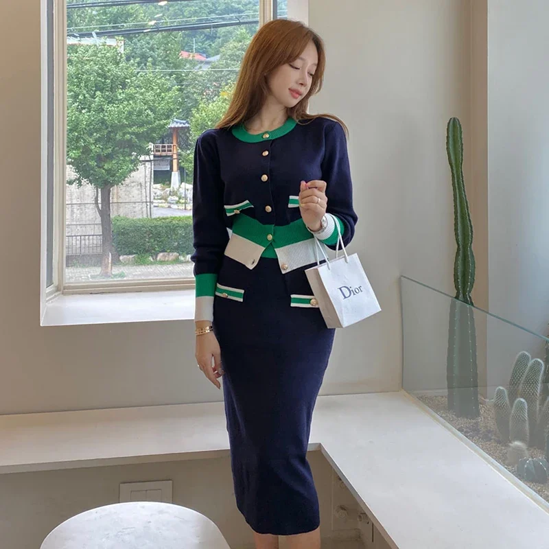 Elegant Navy blue Sweater Suit Two-piece Temperament Fall Winter Knitted Cardigan Tops and Long Mid-length Skirts Knitting Suits