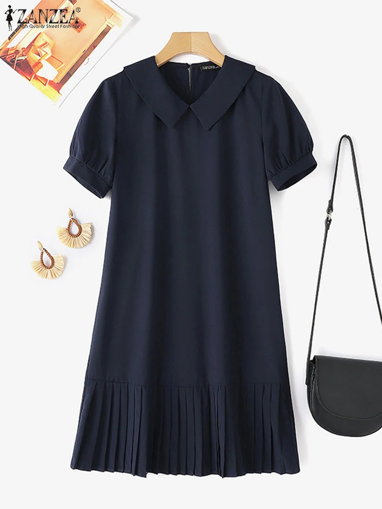 ZANZEA เกาหลีแฟชั่นจีบ Hem ชุดมินิลําลอง Peter-pan COLLAR ผู้หญิงชุดเดรสพัฟแขนสั้น Vestidos