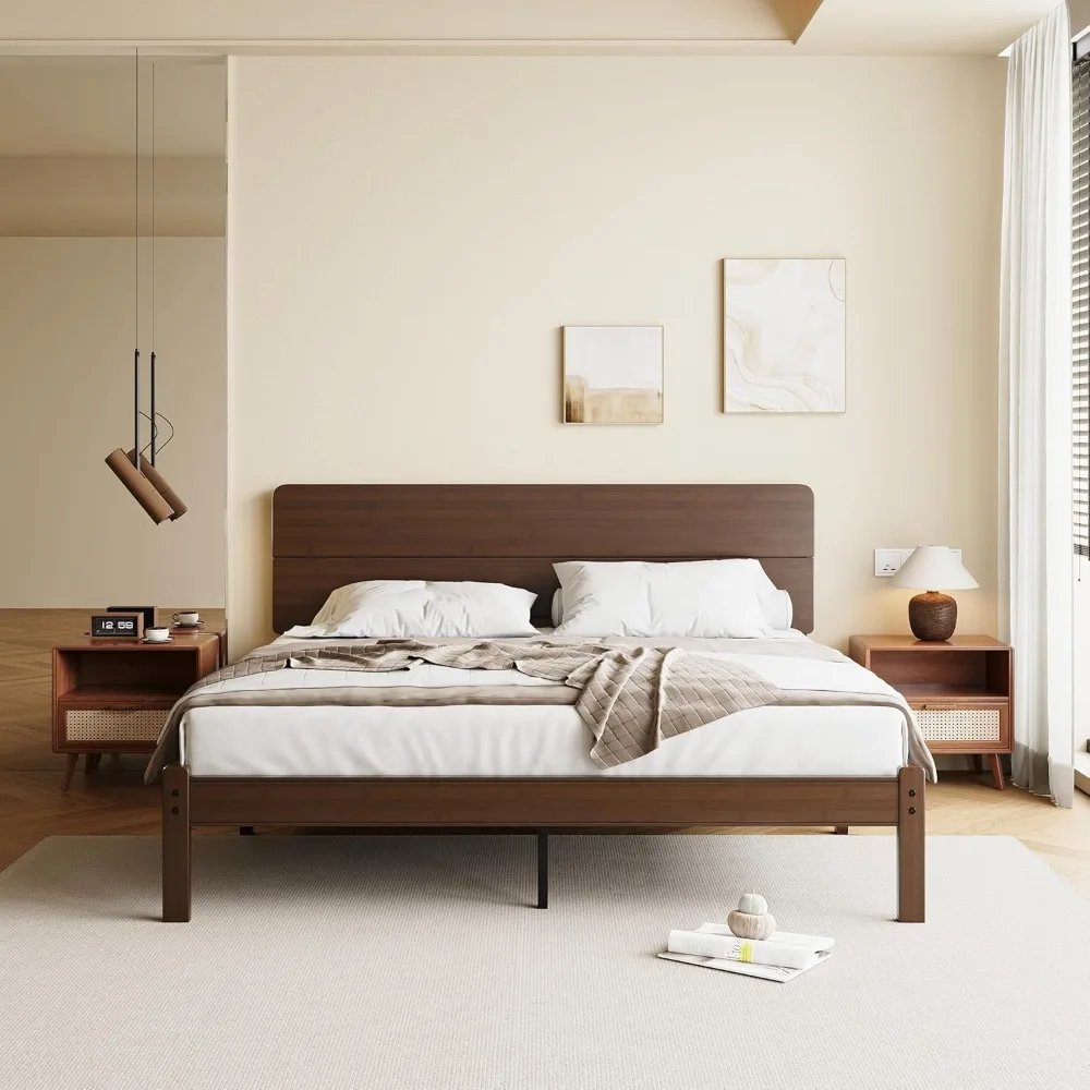 

"14 inch king size bamboo bed frame with headboard and metal slat support, no box spring required, easy assembly"