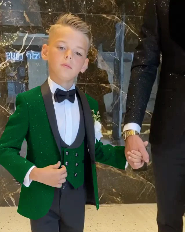 Shiny Silver Grey Boys Suit Wedding Tuxedo 3 Piece Set Jacket Pants Vest Formal Kids Blazer Party Tuxedo Clothes