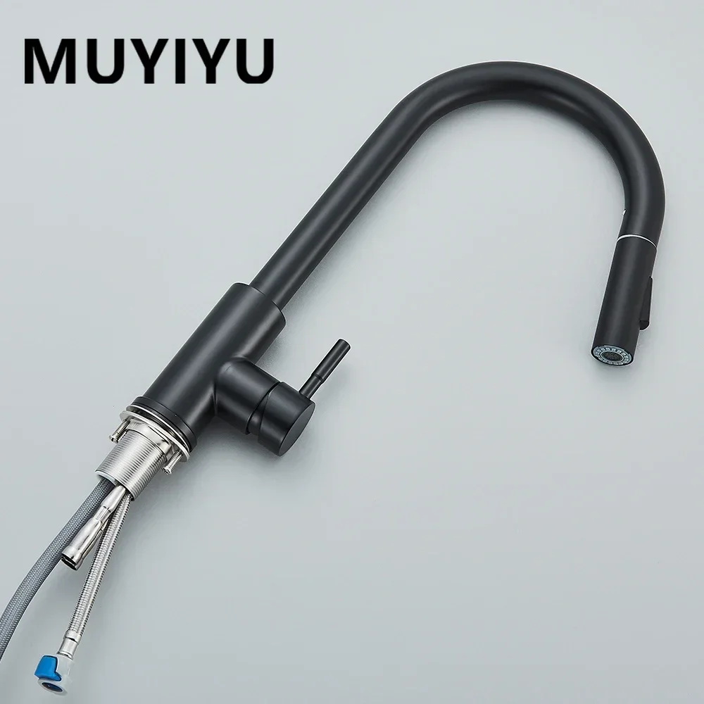 MUYIYU Kitchen Faucet Pull Out Mixer Black Two Function Single Handle Hot Cold Water Taps Deck Mounted With G1/2 Water Pipes