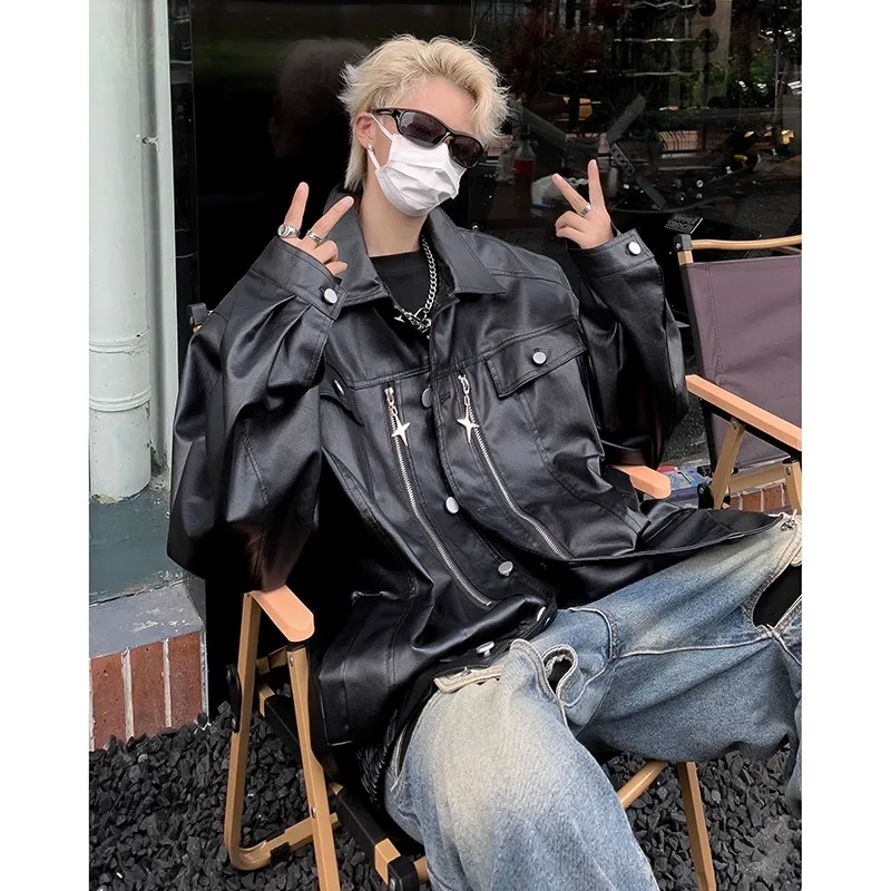 

Прохладное кожаное джинто Bla, мужское байкерское пальто Street Sle, повседневное уличное трендовое осеннее модное длинное свековое пальто на молнии