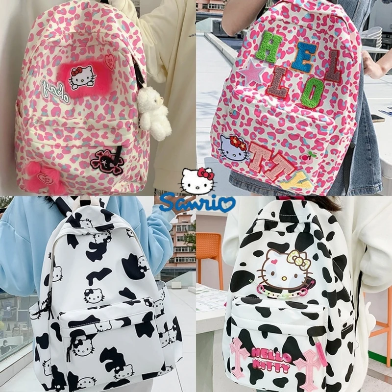 

Korean cute leopard print backpack Japanese Hello kitty cartoon adult backpack student schoolbag 33cm*13cm*43cm backpack
