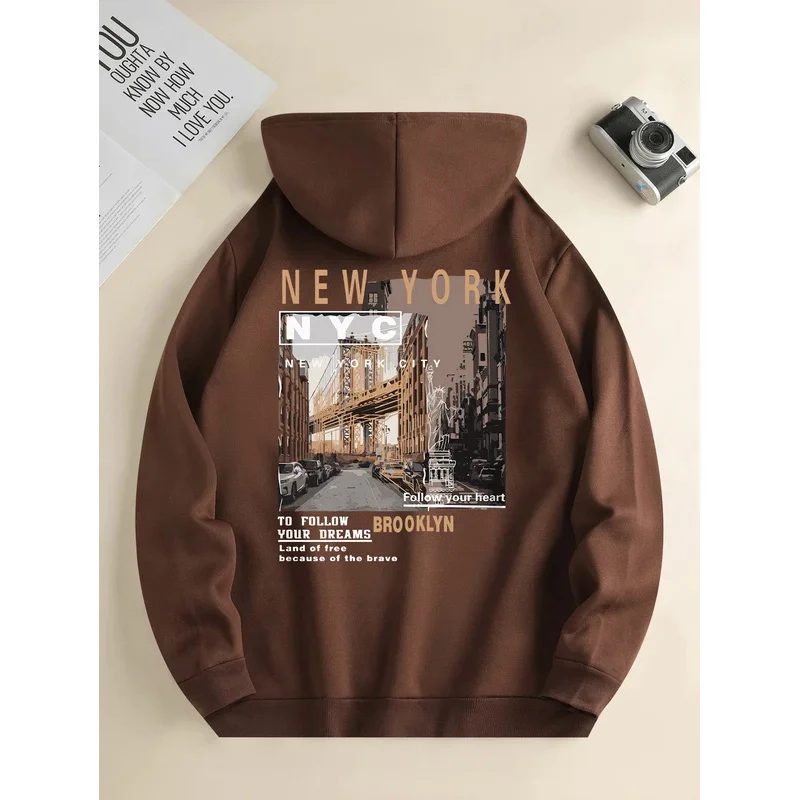 Men's new fashion hoodie, Casual Daily Drawstring Hooded Sweatshirt Street View Print, front kangaroo pocket, men's jacket