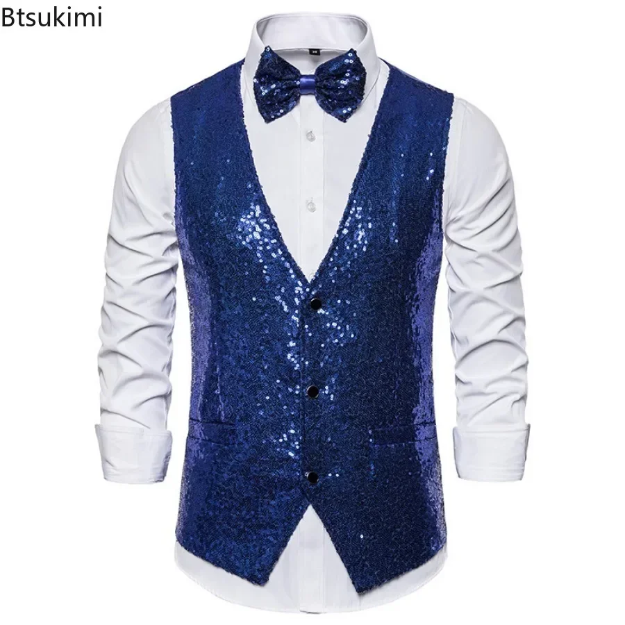 2024 Men\'s Shiny Gold Sequin Glitter Embellished Blazer Waistcoat Night Club Blazer Wedding Party Waistcoat Stage Singers Vest