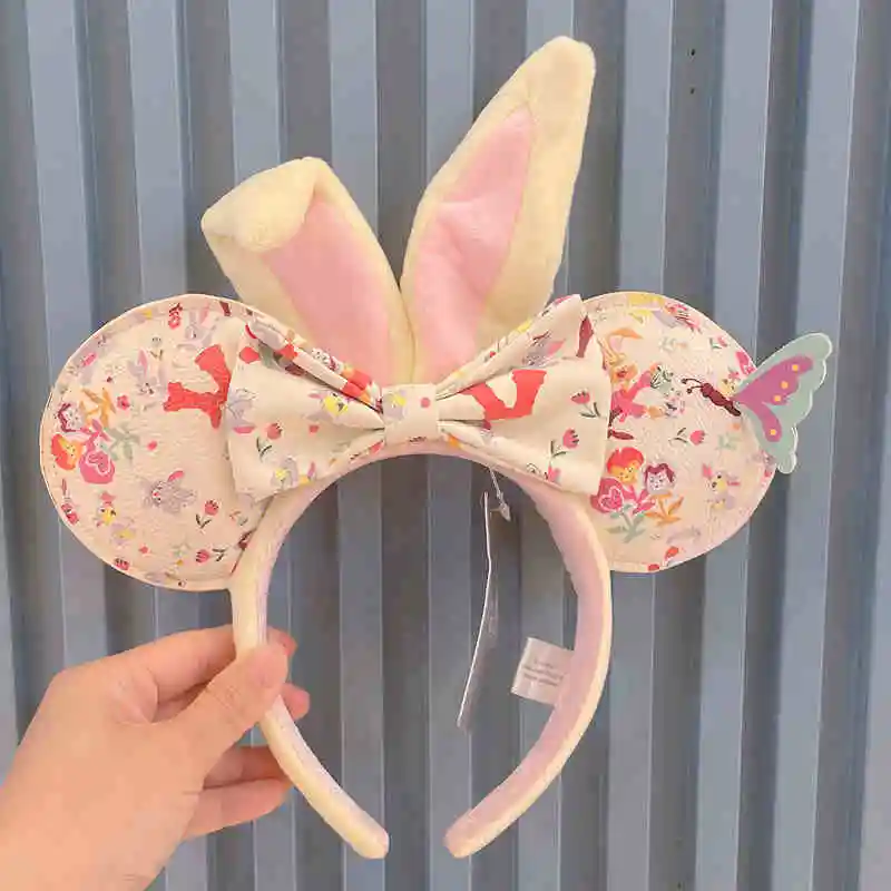 2024 Original Disney Mickey Minnie Ears Headband Disneyland Leather Headband Hairband Sequin Bow Party Hair Accessories Gift