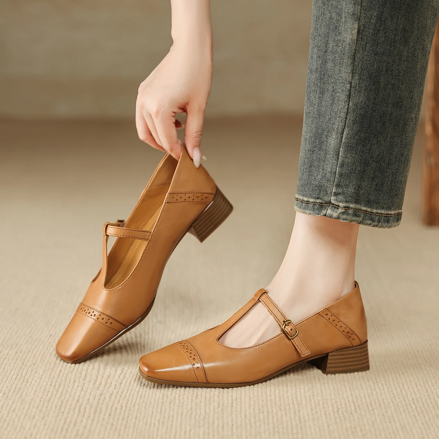 2026 new spring autumn women pumps natural leather 22-25cm sheepskin+pigskin square toe t-buckle high heel women shoes  fashion