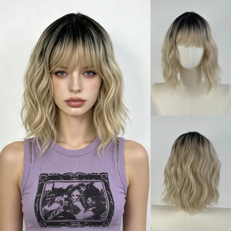 Wig with air bangs, wavy short hair, matte silk, breathable rose net cap