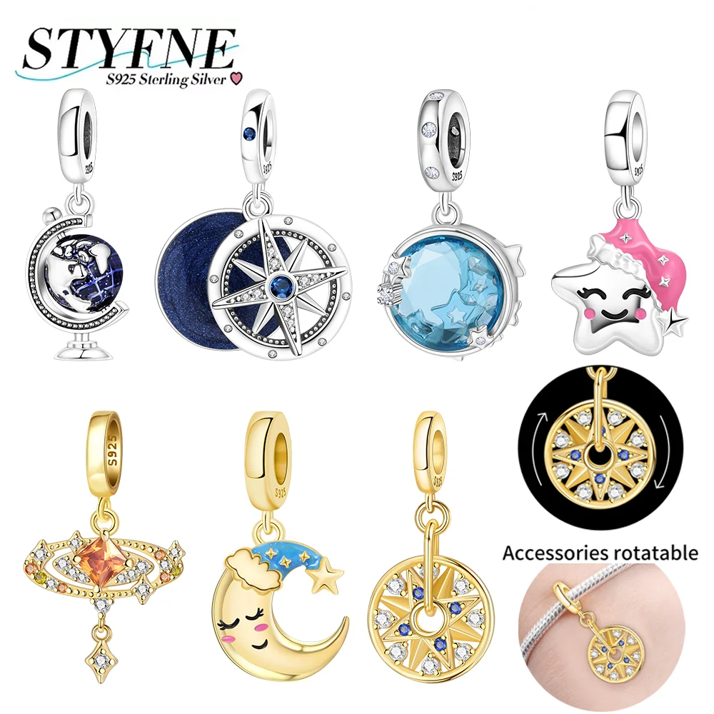

Charms Sleeping Hat Lovely Moon Stars Shining Zircon Astrolabe Compass Beads Pendant Fit Diy 925 Silver Bracelet Jewelry Gifts