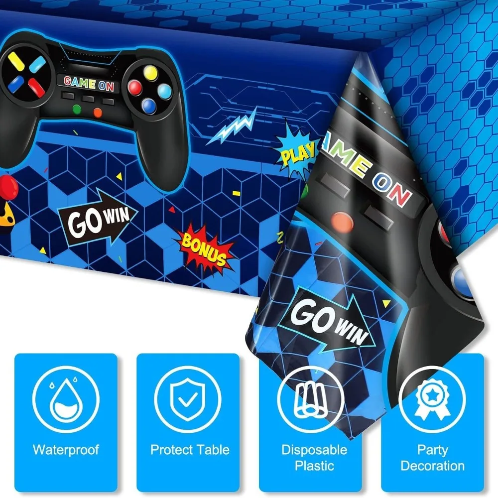 1-3Pcs Gaming-Themed Tablecloths, Plastic Tablecloths with Gaming Themes for Birthday Decorations, Suitable for Gaming Fans/Party Decorations, Size 54 X 108inch (Blue)