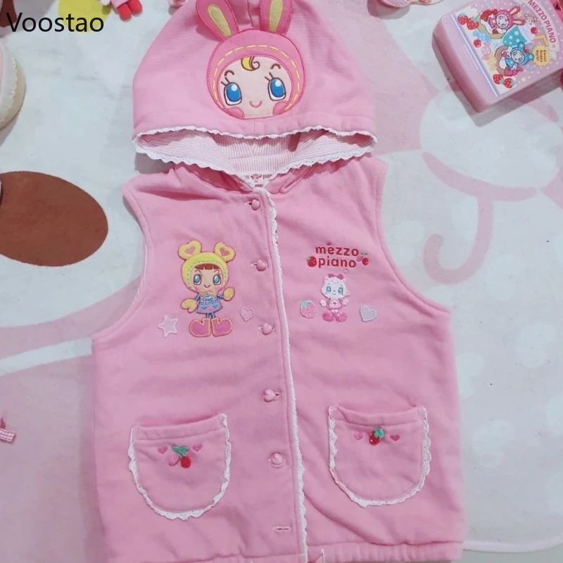 

Японский кавайный стиль Лолиты, жилет с капюшоном, женские пальто в стиле Харадзюку с милым кроликом и вышивкой, карманный жилет, винтажные милые топы