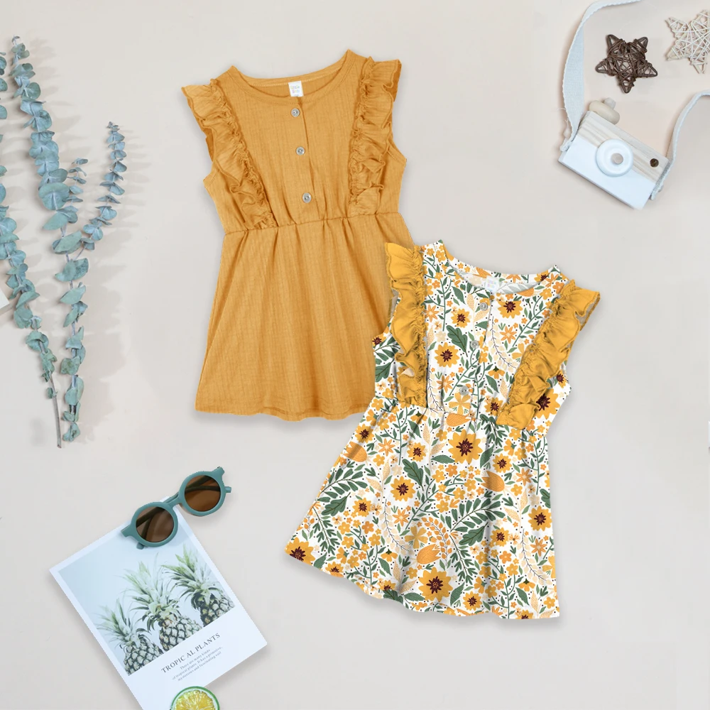 

2Pcs Summer Baby Girl New Solid Color Pleated Dress Sleeveless Cotton Print Flower Children's Ruffled Princess Dress Cute