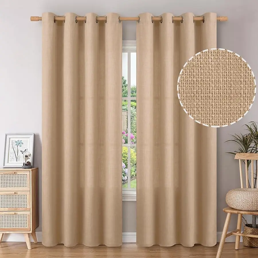 

Tan Curtains 84 Inch for Li ing Room - Light Filtering Faux Linen Look with Burlap Texture, Rustic Farmhouse Window Panels (Set