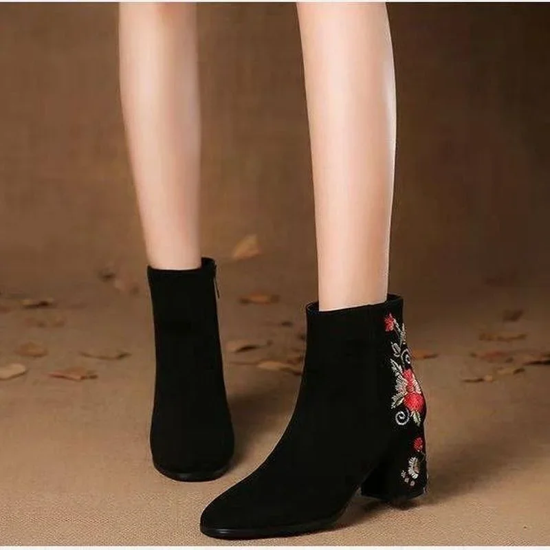 Comemore Women\'s Ankle Boots High Autumn And Winter Warm Cotton Shoes Women Suede Mid-heel Embroidered Mid-tube Booties Woman 40