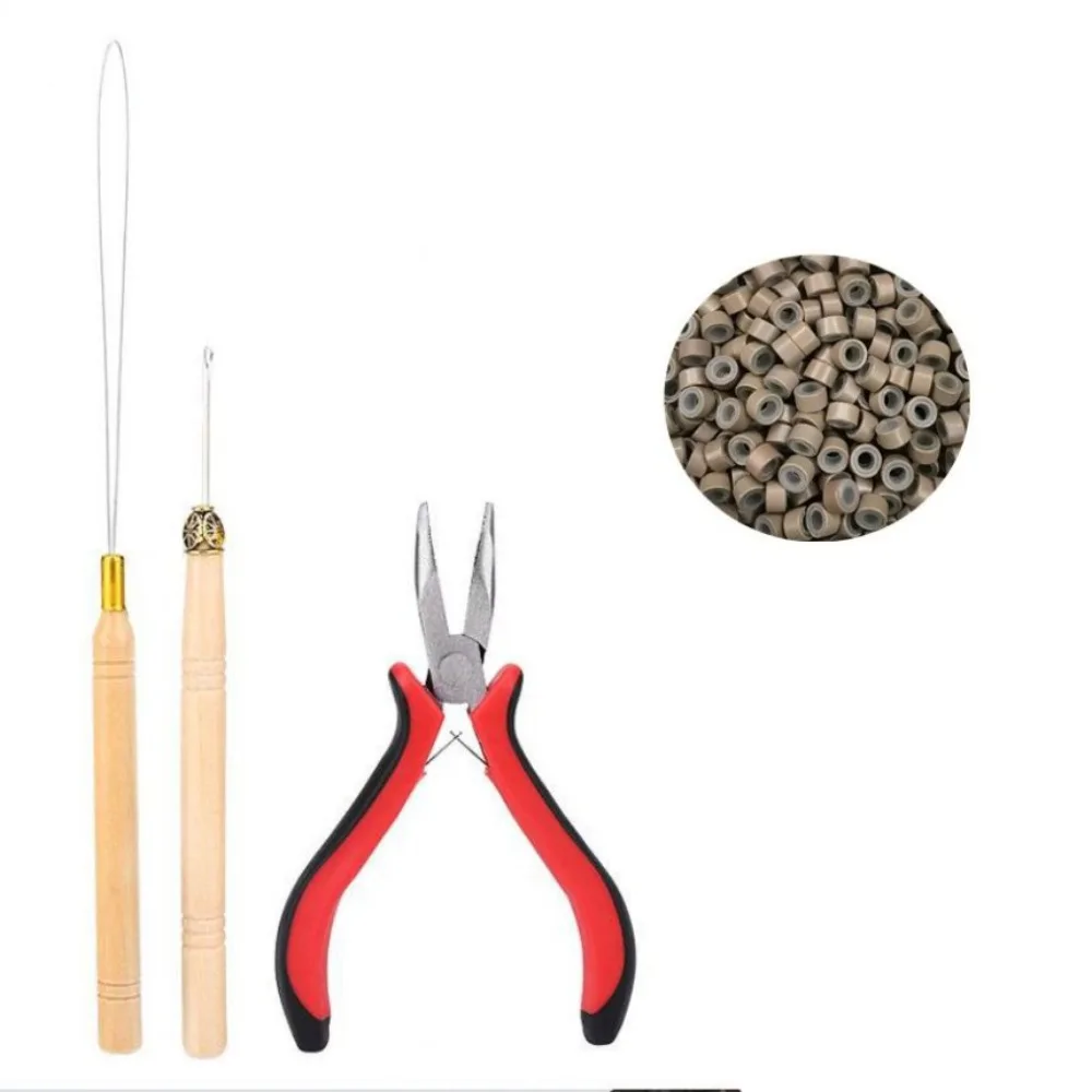 

Hook Needle Hair Extensions Tools Kit Crochet Hook Pulling Needle 500pcs Micro Ring Beads Silicone Rings DIY Micro Beads Plier