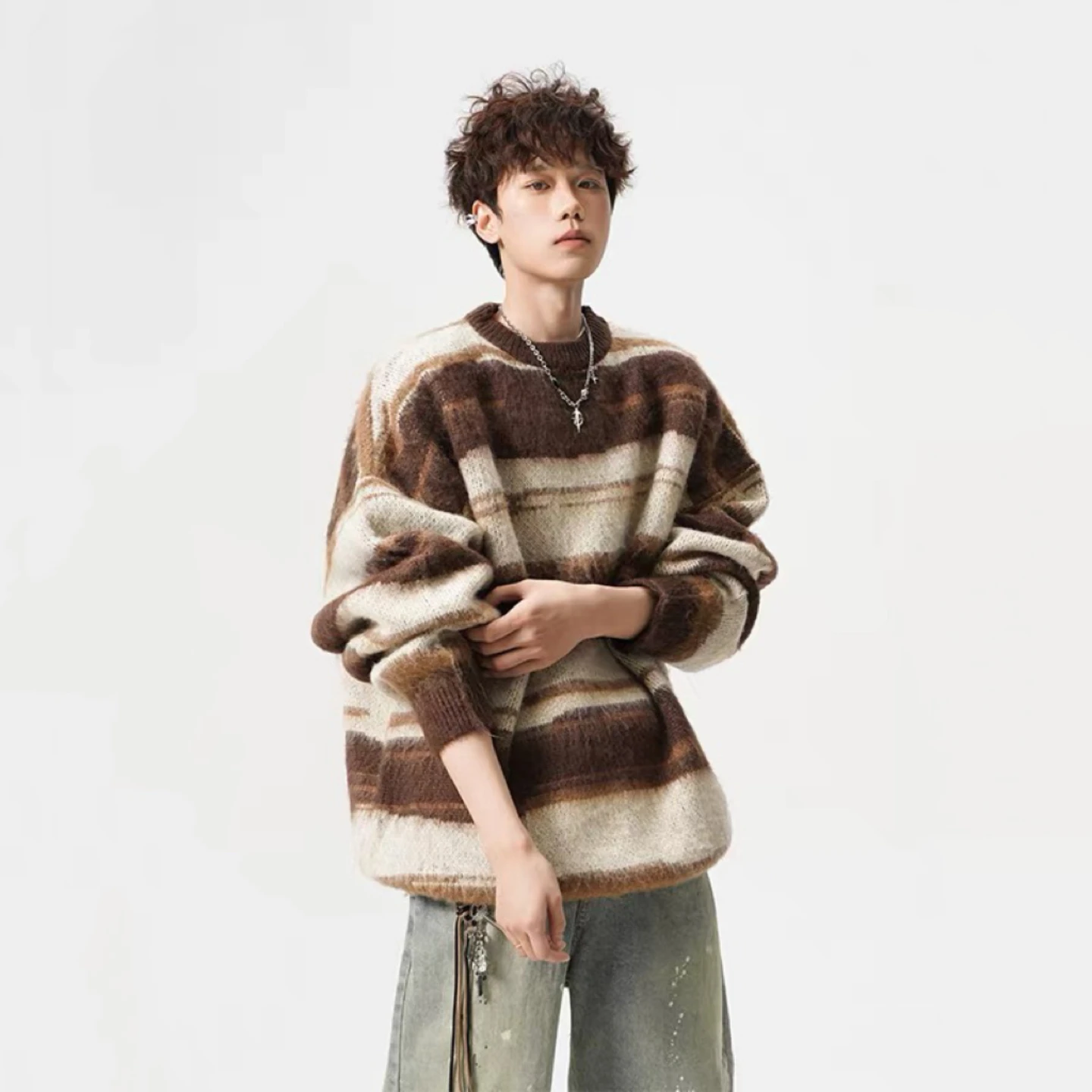 

Мужской вязаный свитер с круглым вырезом, утепленный, свободного кроя, в полоску, с цветными блоками, осенне-зимний, теплый, повседневный, с длинными рукавами