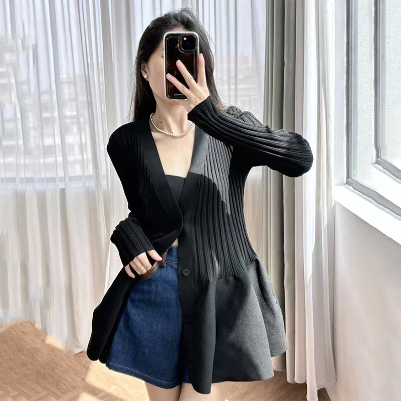 Elegant Ruffles Knitwear Cardigan Women French Sexy V-Neck Slim Long Sleeve Tops Y2K Femme Chic Buttons Knitted Sweater New