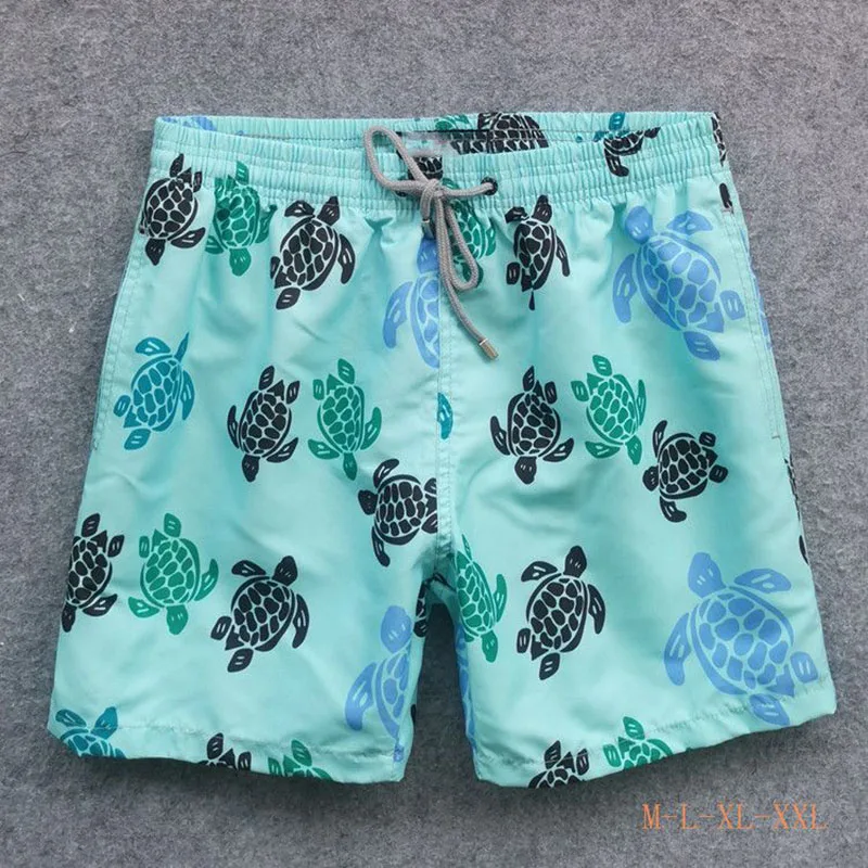 Hot Summer Men\'s Brand Elastic Waist Blue Boardshorts Watercolor Turtles Printed Beach Surf Bathing Swimwear Casual Shorts