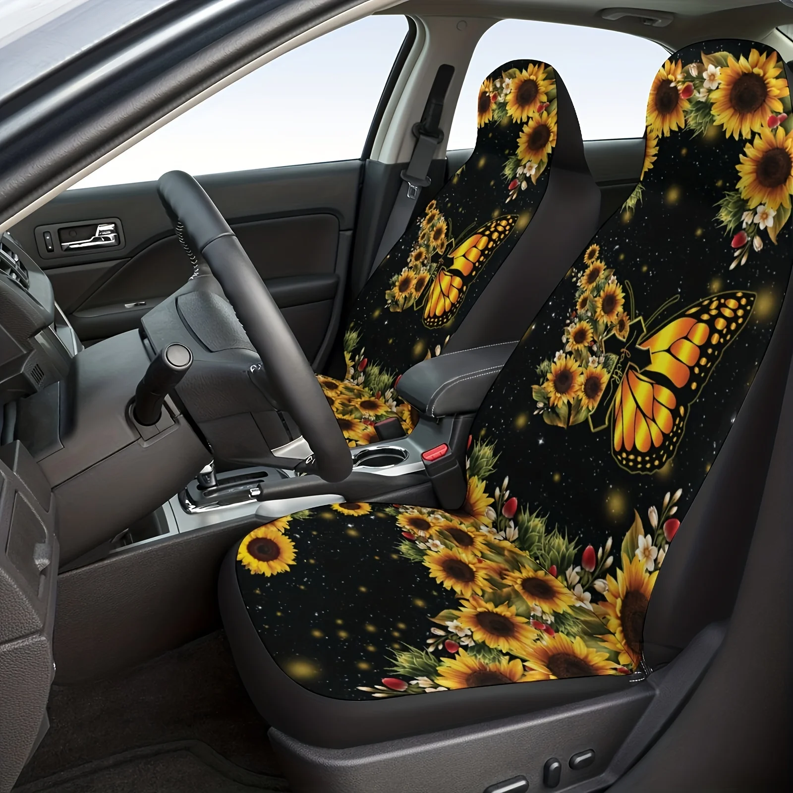 

Sunflower Butterfly Car Seat Covers - Universal Fit Polyester Seat Protectors For Car, Truck, SUV - Single Seat Coverage With Fl