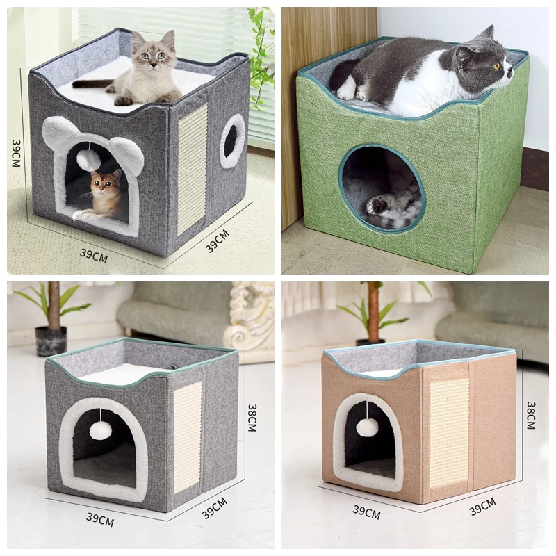 

Foldable Square Cat Sleeping House Warm and Comfortable Cat Home Double Layer Dog Villa Semi enclosed Kennel Pet Products