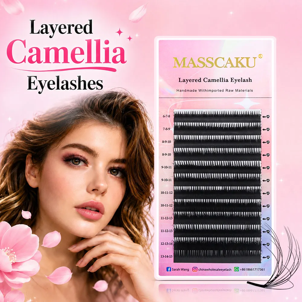 Extensões de Cílios Camellia em Camadas MASSCAKU, Curvaturas LB LC LD, Fans de Volume Multicamadas, Cílios Naturais Macios 0.07mm, Mistura 8-15mm