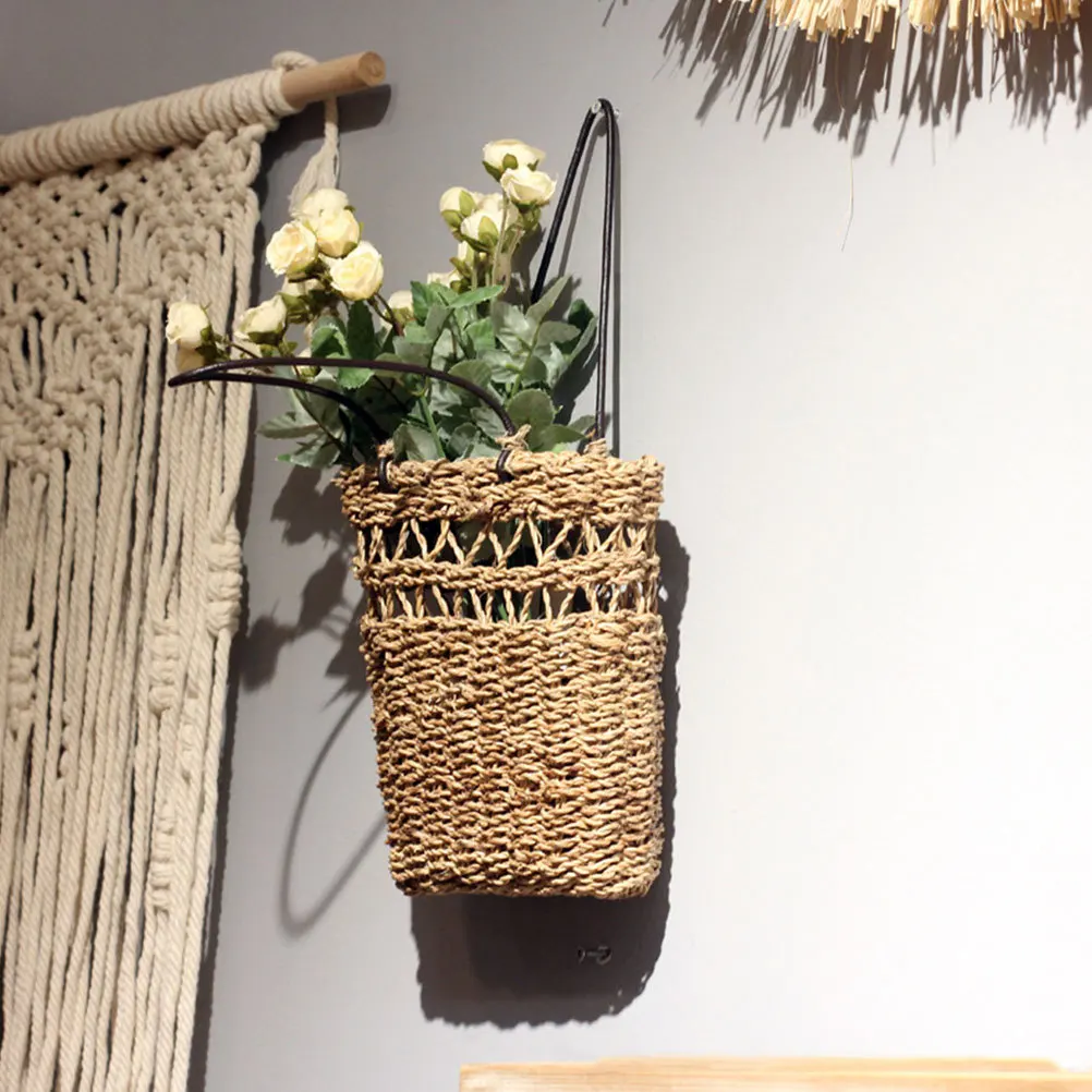 

1Pcs Handwoven Handle Basket Khaki Straw Weave Flower Basket Rural Style Multi-Functional Fresh Artificial Flower Storage