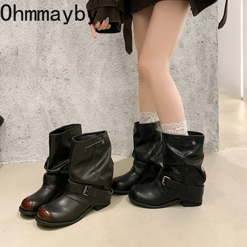 

Autumn Winter Thick Heel Women Western Cowboy Boots Fashion Belt Buckle Slip On Shoes Ladies Vintage Pleated Short Booties