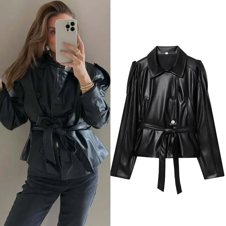 

Black Women's Trench Coat Spring and Autumn Outdoor Faux Leather Short Jacket with Waist Belt Fashionable Loose Outwear