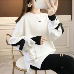 Street Casual Fake Two Piece Loose Hoodies Sweatshirts Spring Autumn O-neck Long Sleeve Pullovers Fashion Vintage Women Clothing