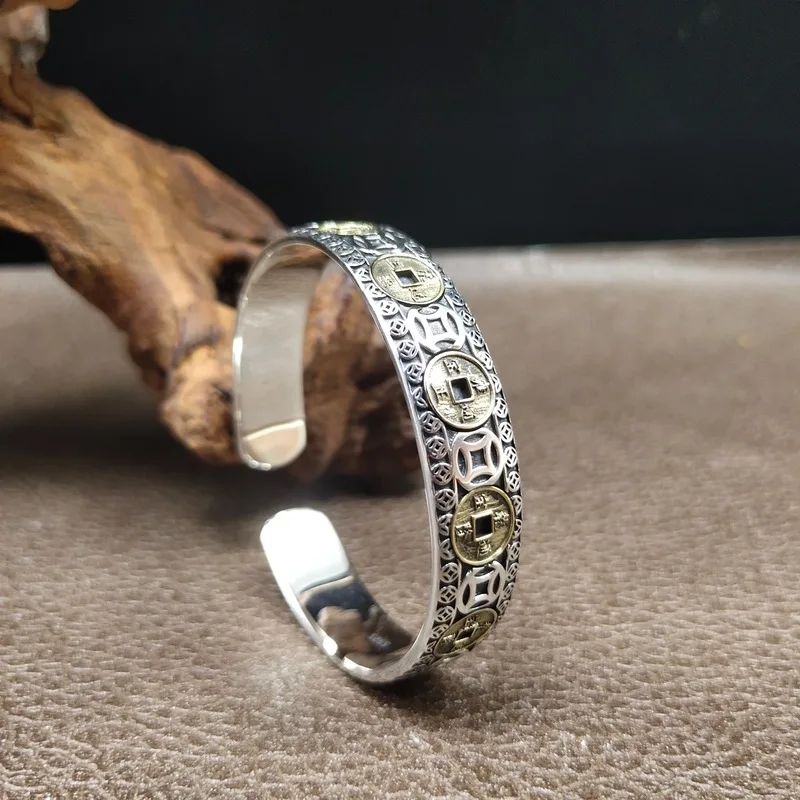 S925  Bracelet, Vintage Jinbao Copper Bangle, Unisex Open Silver Jewelry With Heart Sutra