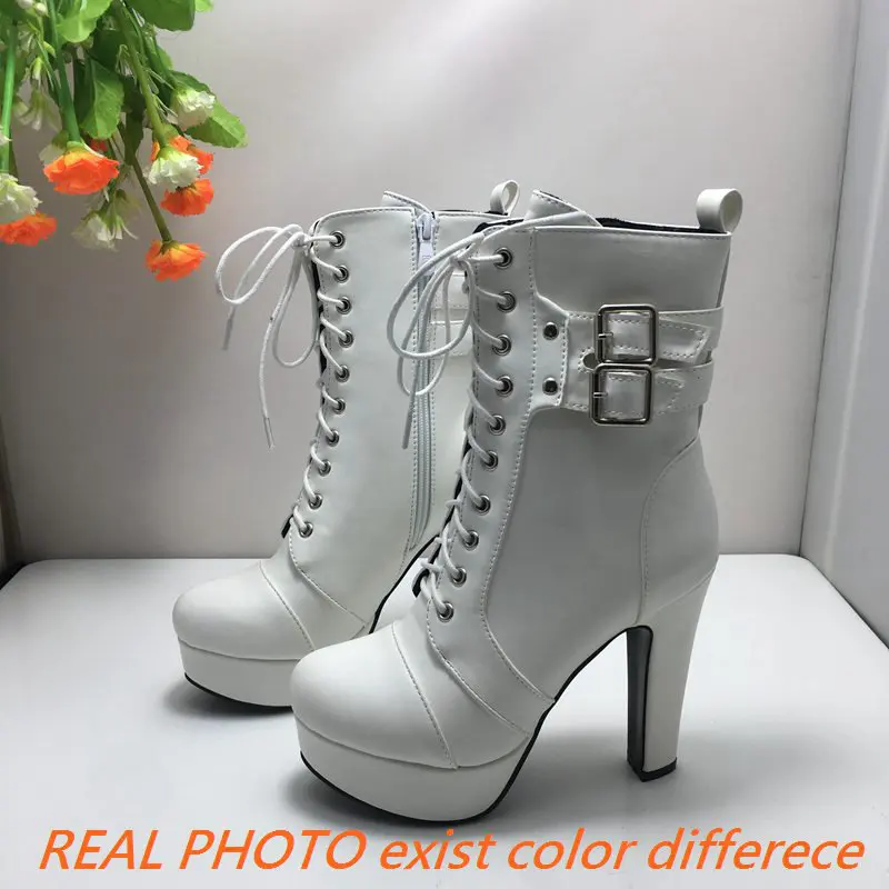 SIMLOVEYO Fashion Women Boots Round Toe Chunky High Heels 12cm Platform 2.5cm Lace Up Belt Buckles Size 47 48 49 50