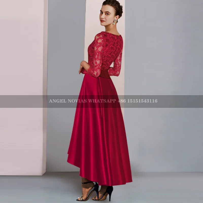 Red High Low Satin Mother of the Bride Dresses with Sleeves Wedding Party Gowns vestidos de fiestas elegantes mujer